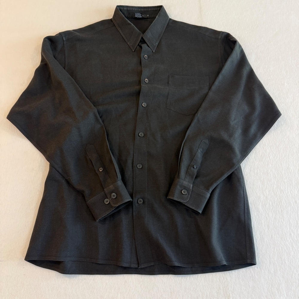 Tulliano Button Down Shirt Mens XL Black 100% Silk Waffle Weave Long Sleeve